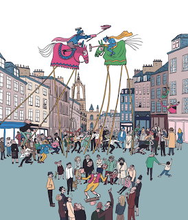 Illustration of a street festival with giant stilt puppets of a knight and dragon above a crowd in a town square