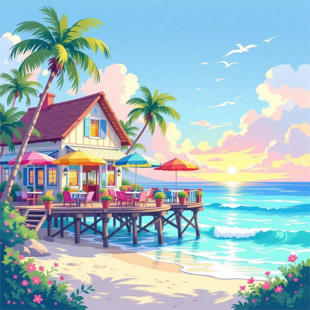 Tropical beach restaurant with palm trees and turquoise ocean at sunset