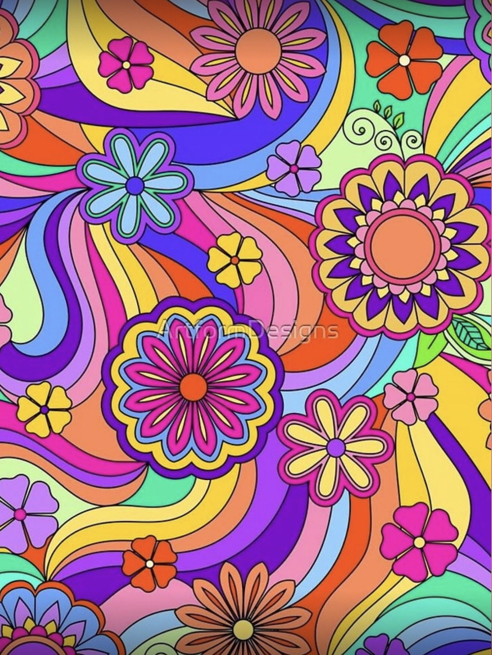 Colorful psychedelic floral pattern with rainbow swirls and retro flowers in vivid hues