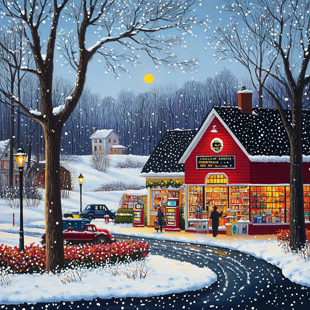 Snow-covered red store with glowing windows on winter evening, vintage car parked outside, bare trees and lamppost