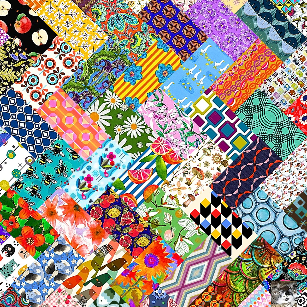Colorful patchwork quilt grid with diverse patterns including florals, geometric shapes, stripes, and ornamental designs