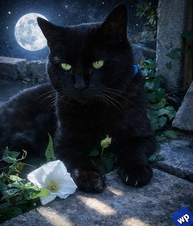 Black cat with green eyes on stone steps under a full moon at night
