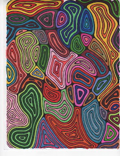 Abstract art with colorful swirling organic shapes and concentric line patterns in red, blue, green, yellow, and pink