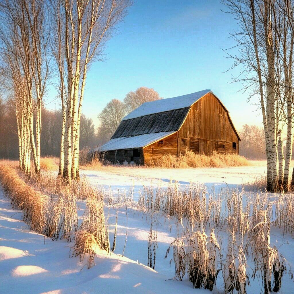 Wooden barn in snowy field with frosted birch trees and blue sky
