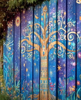 Wooden fence painted with a decorative tree of life surrounded by stars, moons, and swirling patterns in blue and gold