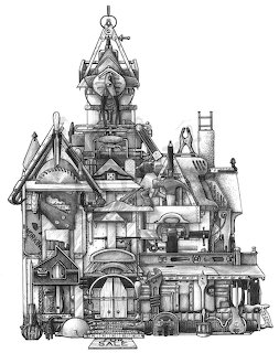Detailed black and white pencil drawing of a Victorian house cross-section showing interior rooms and architecture