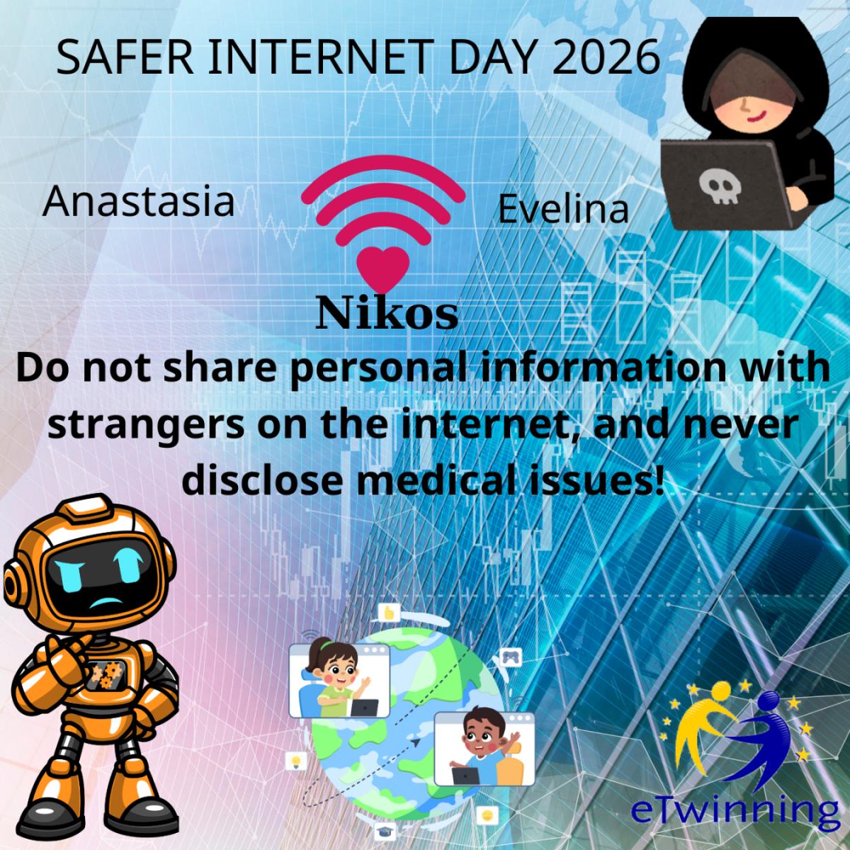 Internet safety poster with a robot, children, wifi icon, and warning text about sharing personal information online