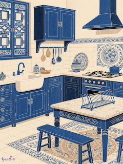 Traditional kitchen with blue cabinets, decorative tiles, and cream countertops in illustration style
