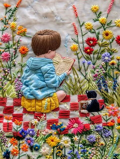 Embroidered scene of a boy in blue jacket reading a book outdoors surrounded by colorful flowers and a black cat
