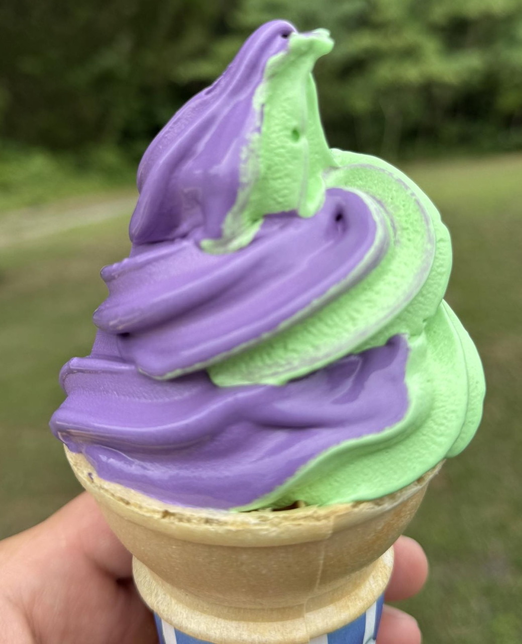 Hand holding a waffle cone with swirled purple and green soft serve ice cream outdoors