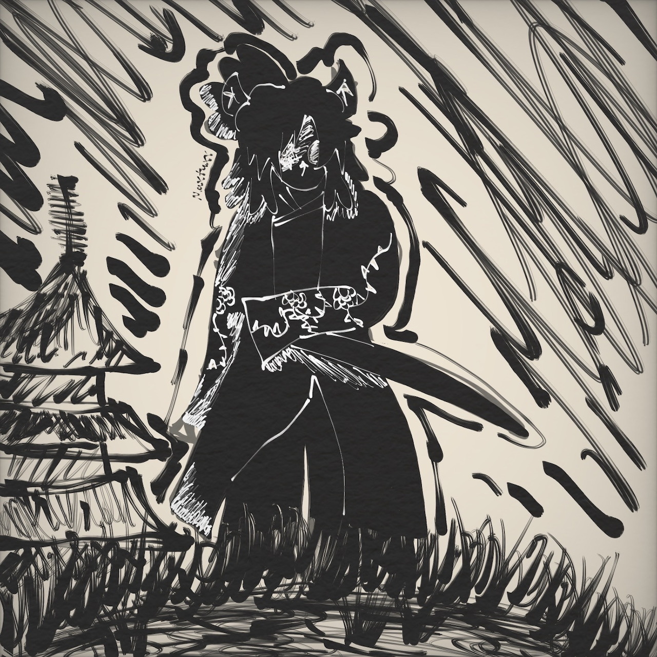 Black and white ink drawing of a samurai with a sword near a pagoda