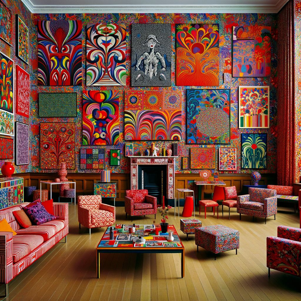 Living room with colorful patterned artworks on walls, pink seating, fireplace, and wooden floor