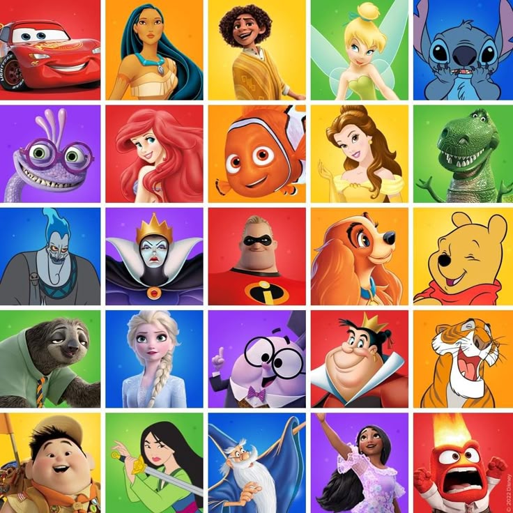 Grid of Disney animated character portraits on bright colored square backgrounds
