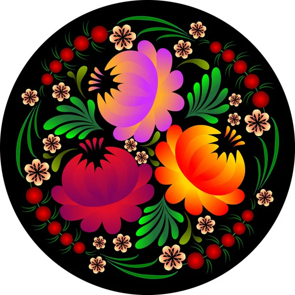 Colorful folk art flowers with gradient petals and green leaves on black circle