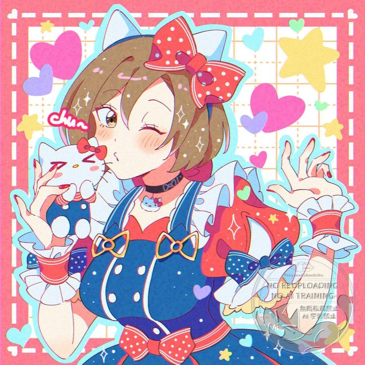 Anime girl winking and kissing a small white cat, with hearts, stars, and a colorful outfit