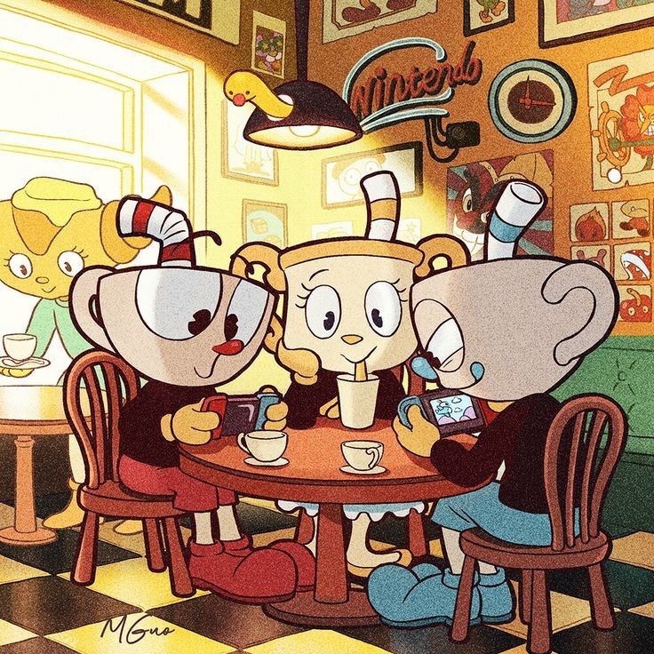 Cuphead characters seated at a round table drinking tea in a warm cartoon room