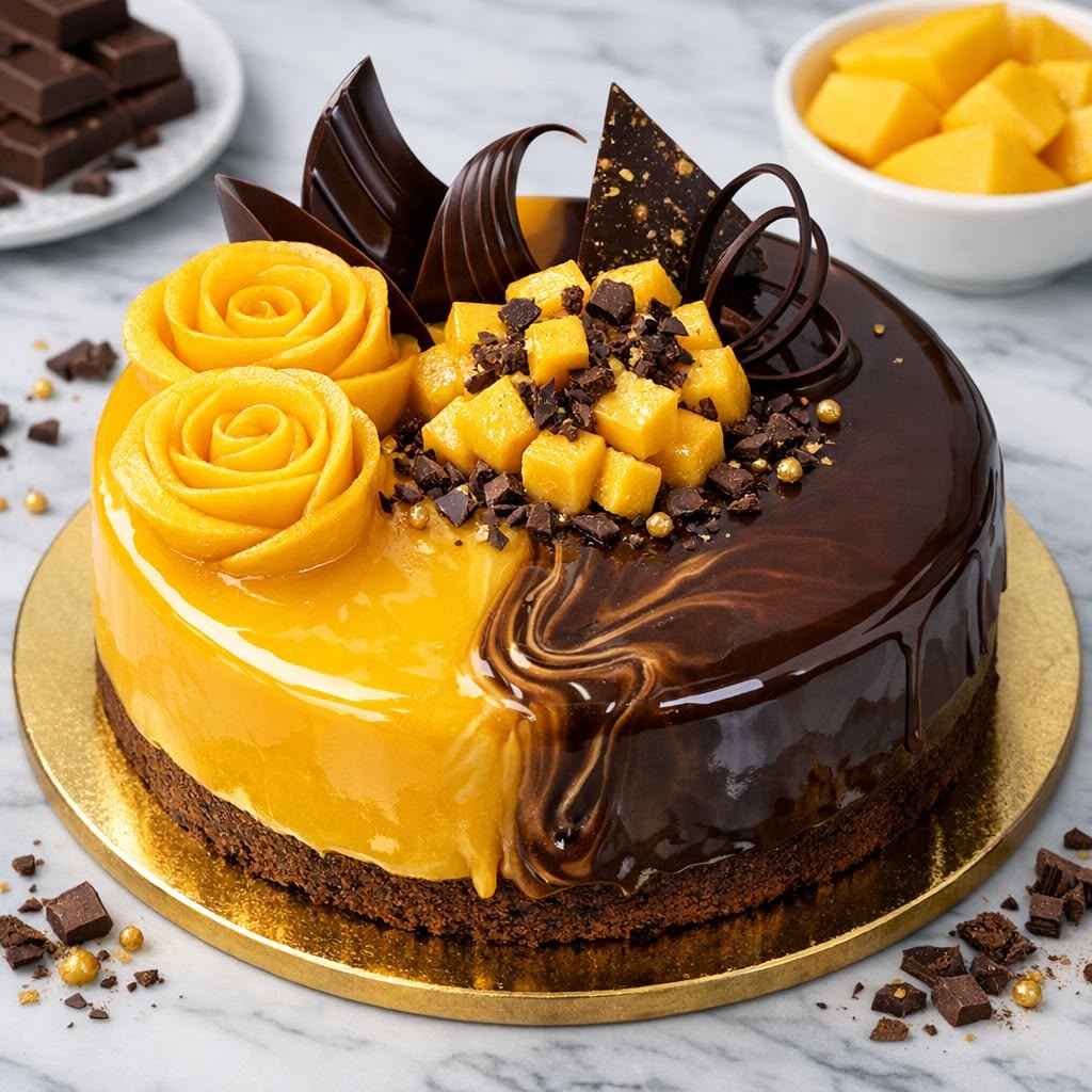 Split chocolate and mango cake with decorative roses and fruit toppings on marble surface