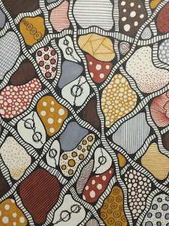 Abstract patchwork design with geometric shapes filled with dots, stripes, and patterns in earth tones