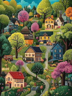 Colorful folk art illustration of a quaint village with houses and flowering trees on a green hillside