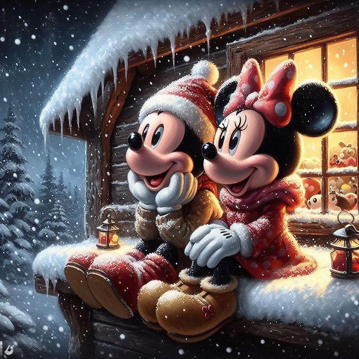 Mickey and Minnie Mouse in Santa outfits on snowy rooftop with icicles and glowing window at night