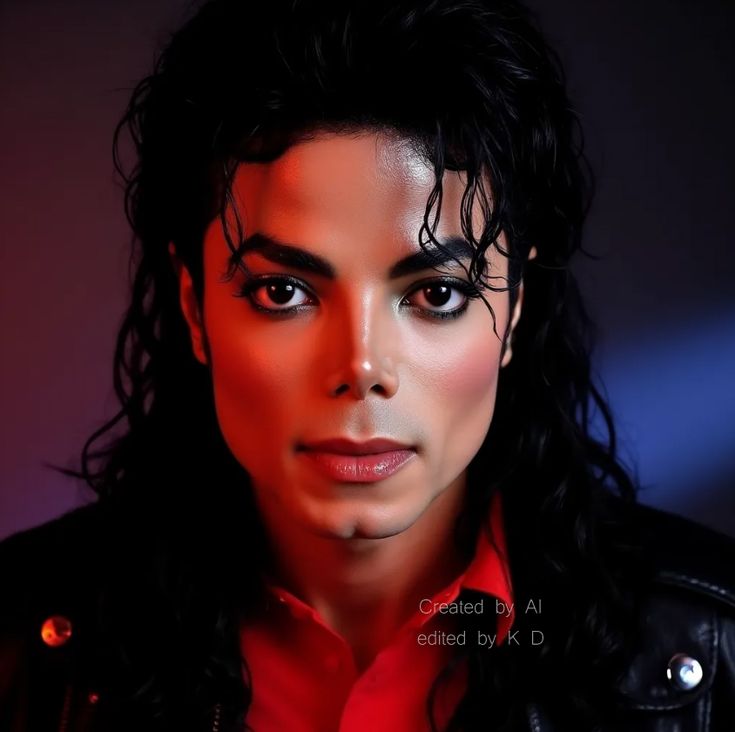Close-up portrait of Michael Jackson with curly black hair and dramatic red and blue lighting