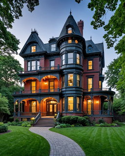 Large Victorian mansion with ornate dark trim and glowing warm windows at twilight surrounded by green trees