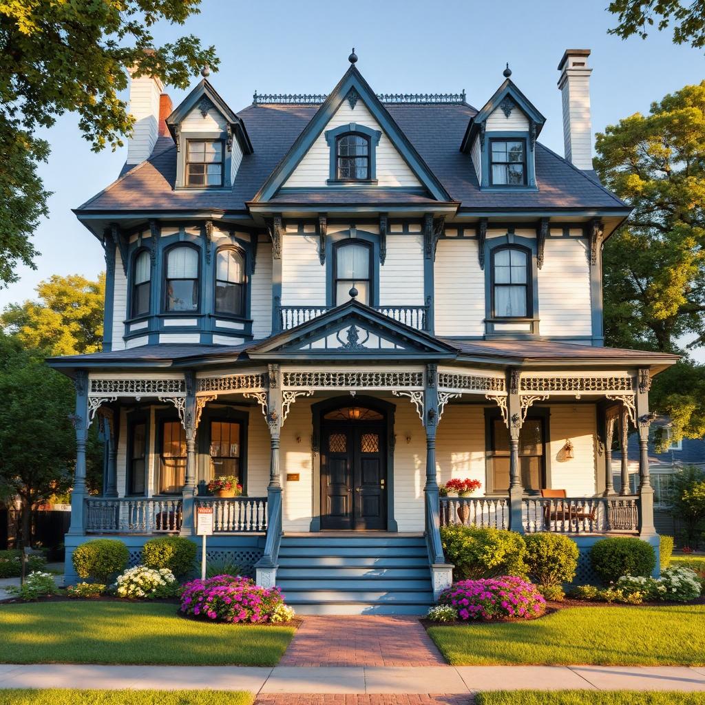 Victorian house with blue roof and white siding, ornate porch and garden