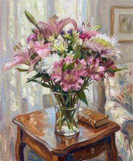 Oil painting of pink and white flowers in glass vase on wooden table with curtains and furniture in background
