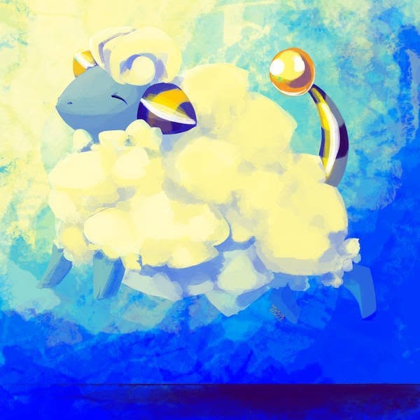 Illustration of Mareep, a blue and yellow fluffy sheep-like Pokémon with a golden tail, against a blue and yellow background.