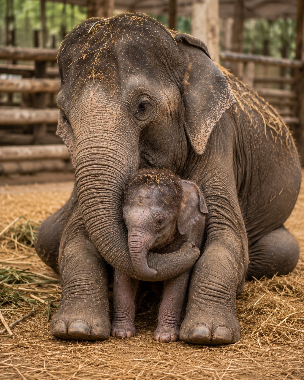 Baby elephant standing under its mother in a straw-covered enclosure