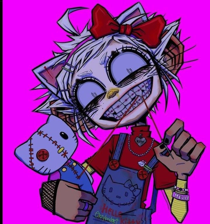 Gothic cartoon cat girl character with stitched face, red bow, overalls, and Hello Kitty doll on magenta background