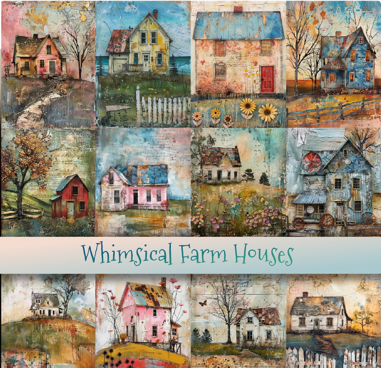 Collage of painted farmhouses and cottages in rustic folk art style with weathered textures