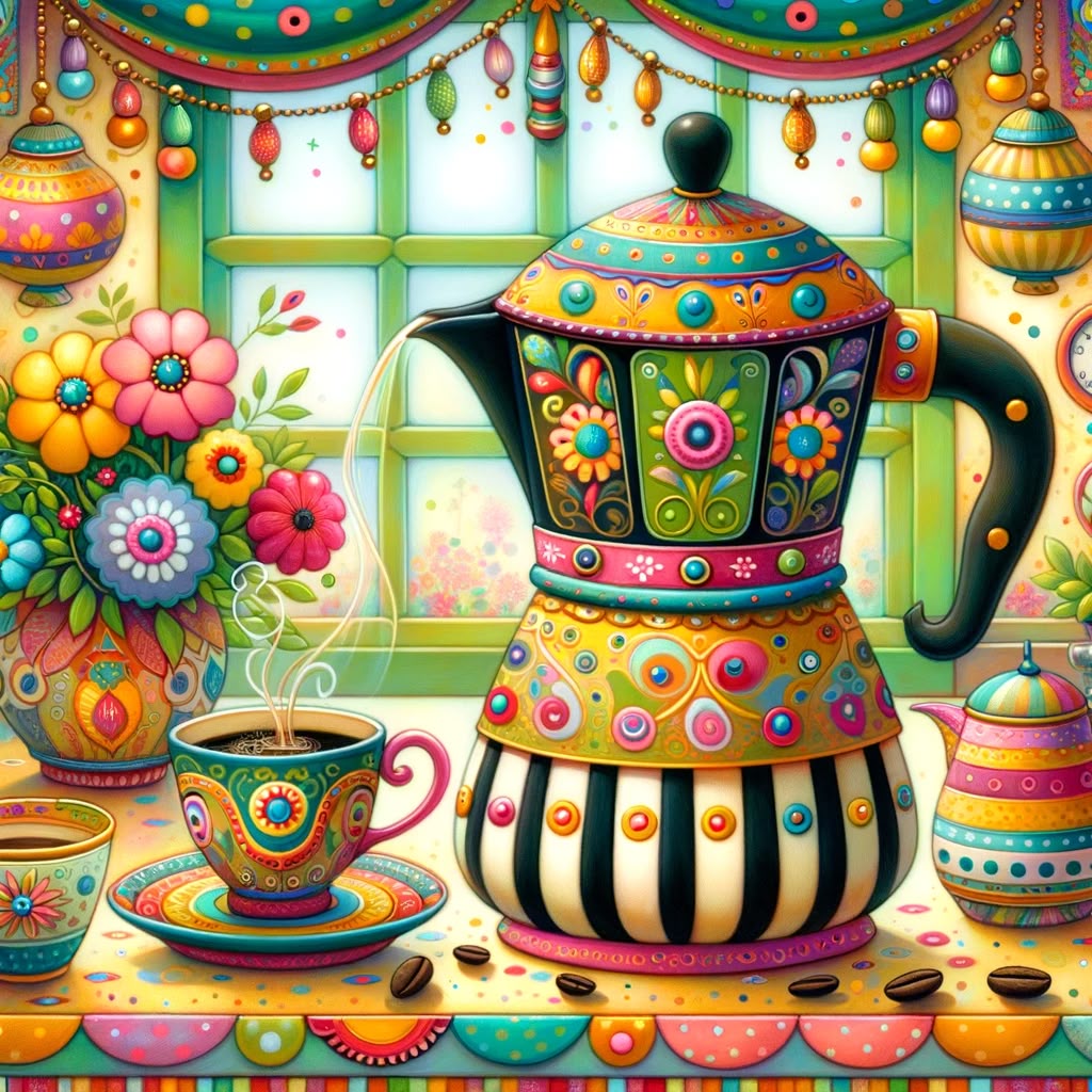 Brightly colored ornamental coffee pot with geometric patterns, teacup, and flowers by a window