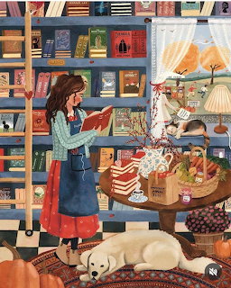 Woman reading book in cozy bookshop with dog resting on floor and warm lamp lighting