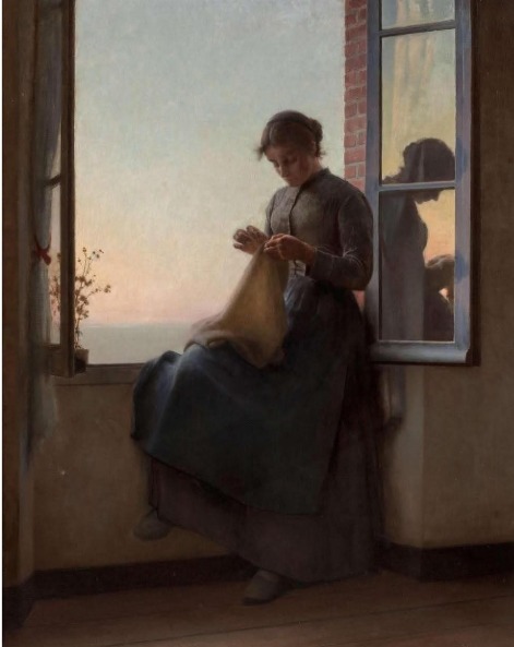 Woman in dark dress sewing by window at sunset in sparse room, classical painting style