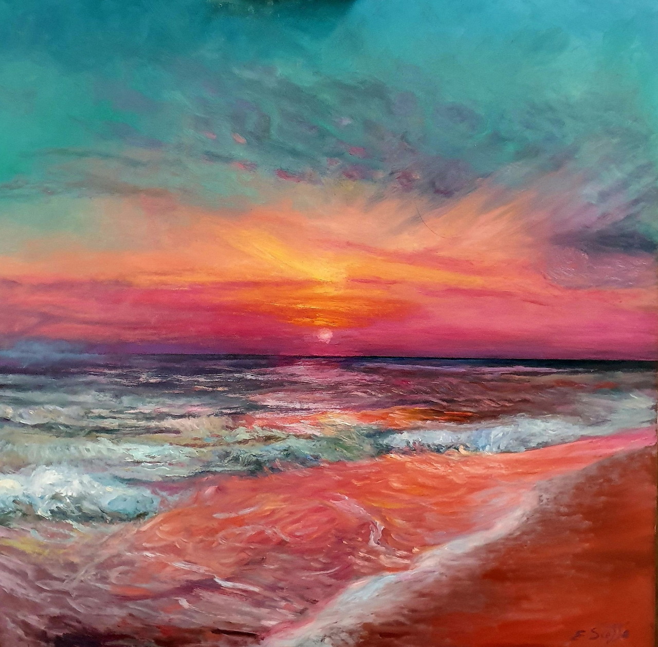 Colorful sunset painting with dramatic sky over ocean waves and beach in vibrant turquoise, orange, pink and purple tones