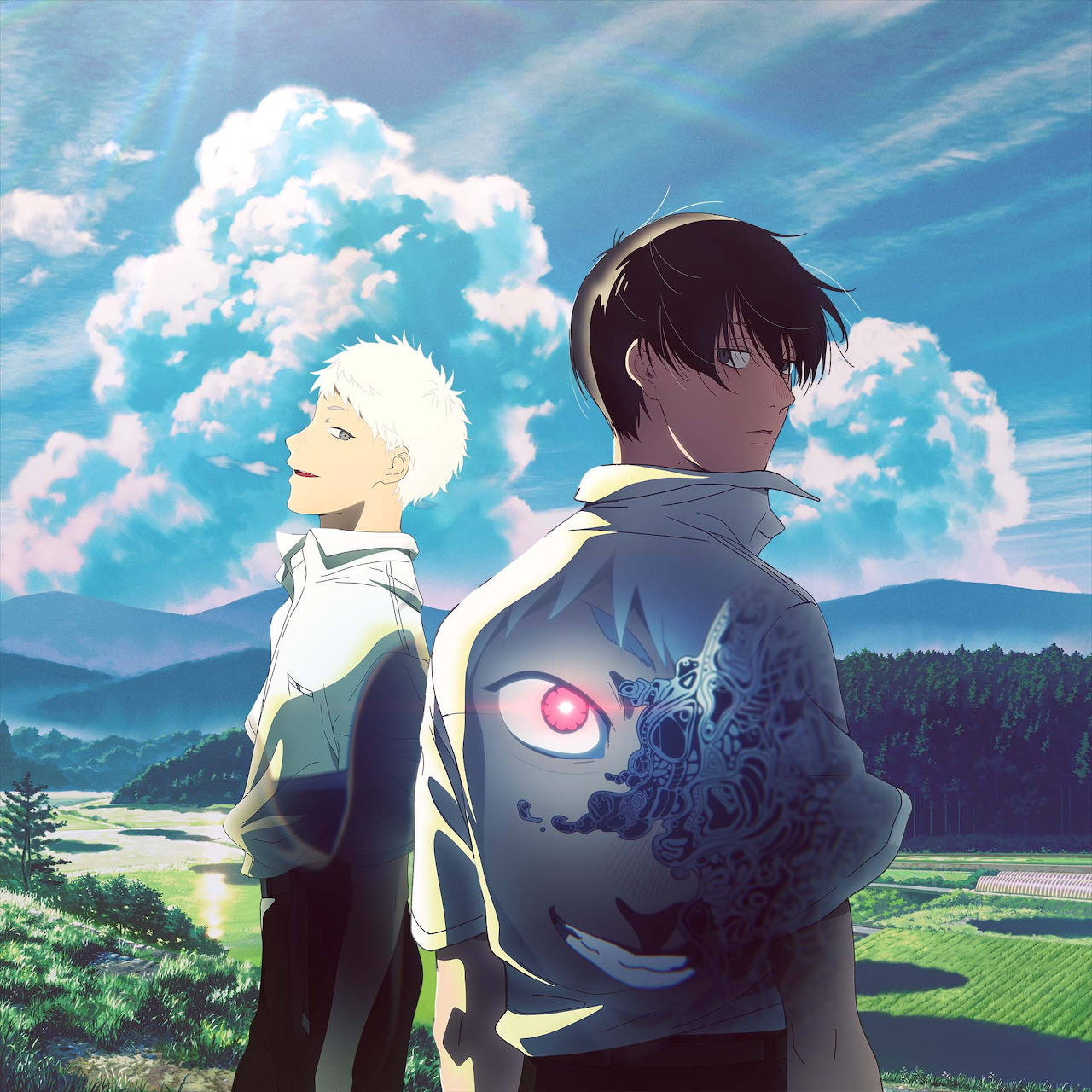 Two anime boys outdoors under blue sky with white clouds, one wearing jacket with eye pattern on back