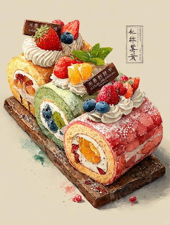 Illustration of assorted Swiss roll cakes with whipped cream, berries, and fruit on a wooden board