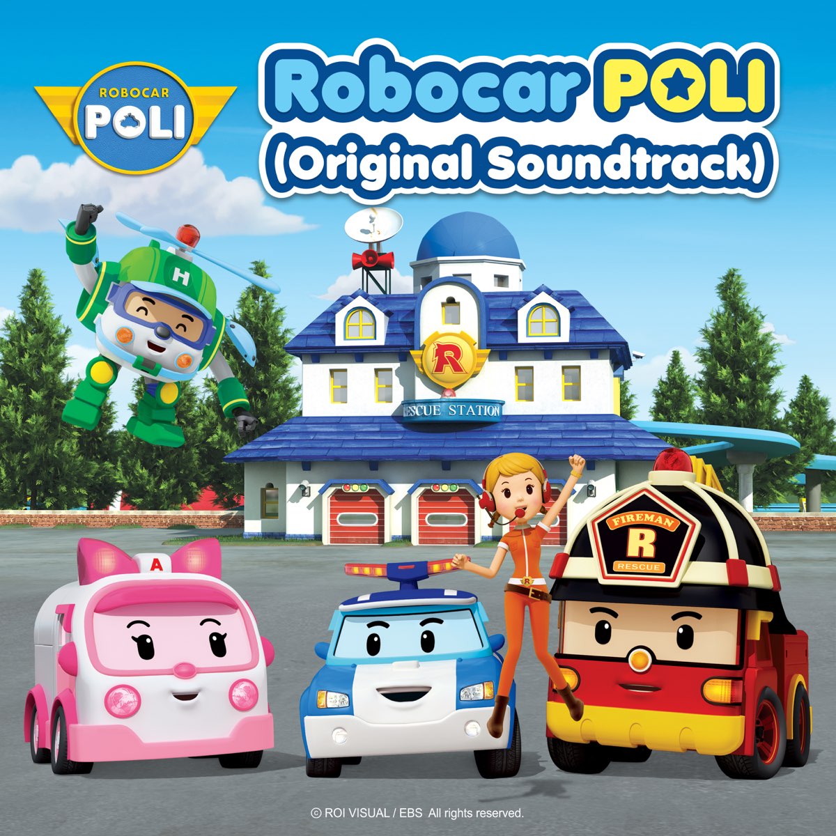 Robocar Poli characters standing in front of the rescue station under a blue sky