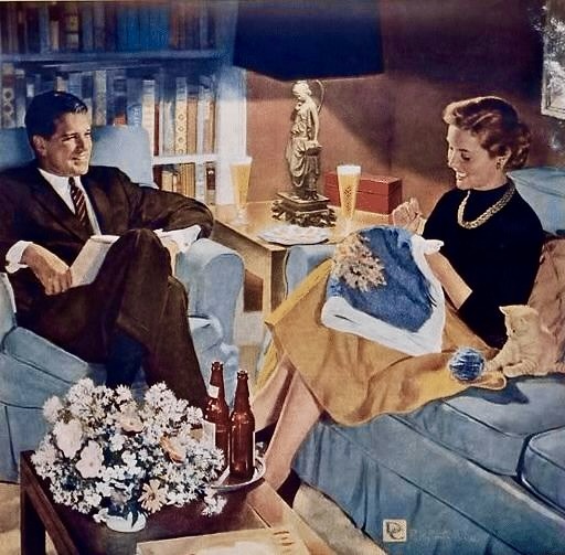 Vintage illustration of couple relaxing at home in 1950s living room with wine and flowers