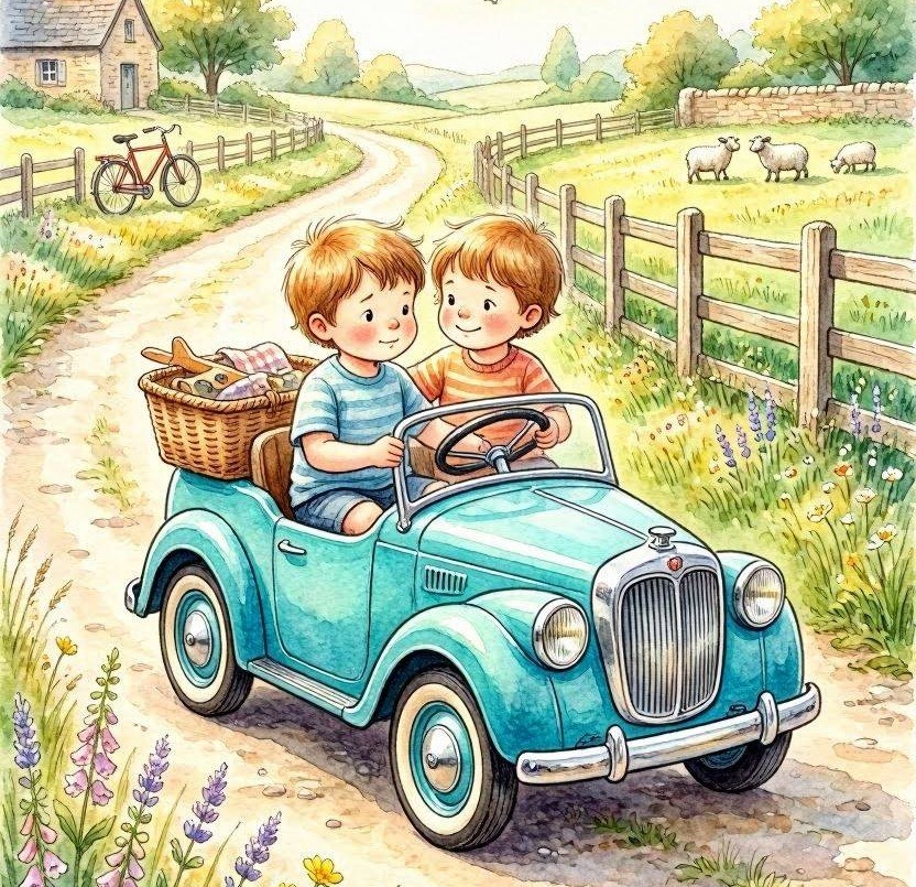 Illustration of two children in a blue toy car on a country road with fences, sheep, and a cottage
