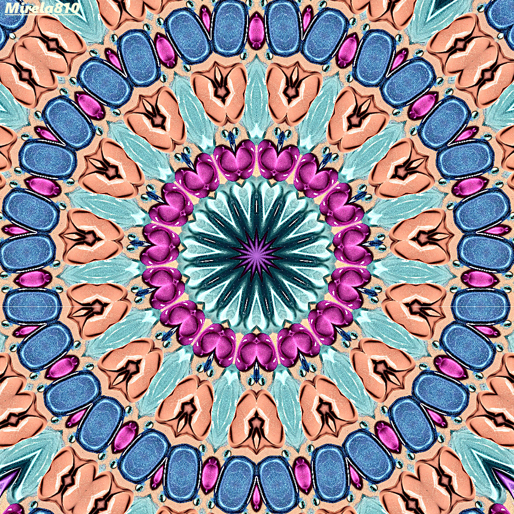 Colorful symmetrical mandala with layered floral patterns in blue, pink, teal, and coral tones