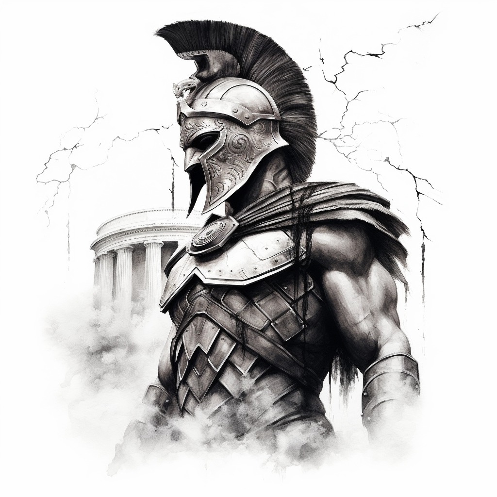 Black-and-white illustration of a Spartan warrior in helmet and armor beside ancient columns