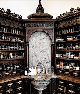 Ornate Victorian apothecary with dark carved wood shelves filled with bottles and a marble alcove