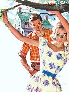 Vintage illustration of a woman in a floral dress with a man behind her near a house