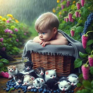 Baby in wicker basket with multiple kittens in garden surrounded by colorful flowers and berries