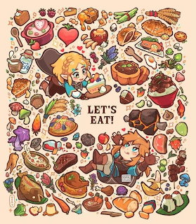 Link and Zelda cartoon characters surrounded by an assortment of colorful food items and dishes