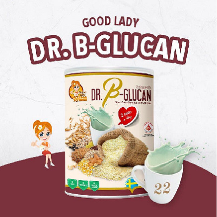 Good Lady Dr. B-Glucan Nutrimix 22 supplement can with grains and green drink