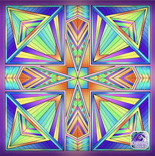 Abstract stained-glass geometric pattern with colorful triangles and a central starburst