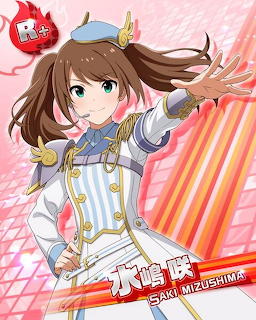 Anime girl Saki Mizushima in white idol costume with blue beret posing against red background